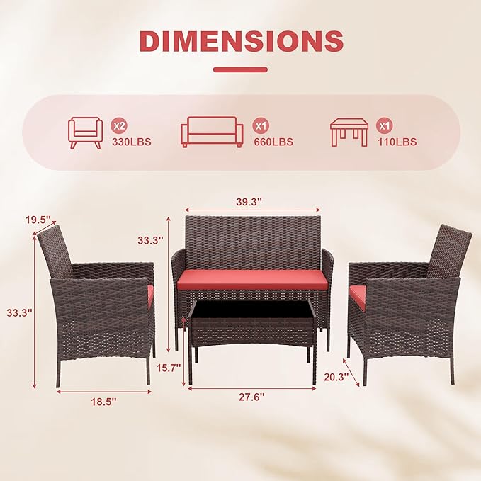 4 Piece Outdoor Patio Furniture Sets,Wicker Rattan Conversation Sets, Bistro Patio Set with 2 Chairs,Soft Cushion,Loveseat and 1 Glass Coffee Table for Backyard Porch Garden Poolside Balcony,Brown/Red