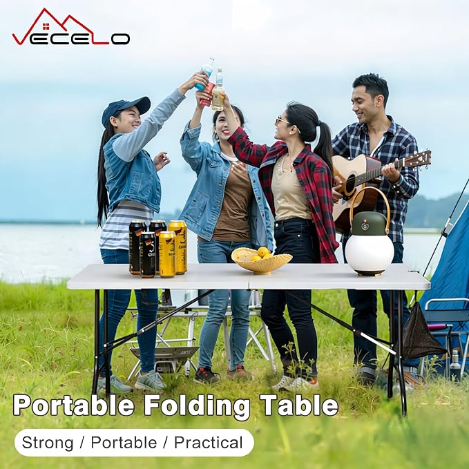 VECELO 6 FT Thick Top Picnic Table with Portable Mesh Bag, Folding Table with Strong Side Support, 500lbs Capacity for Outdoor Camping, Party, Dining - White