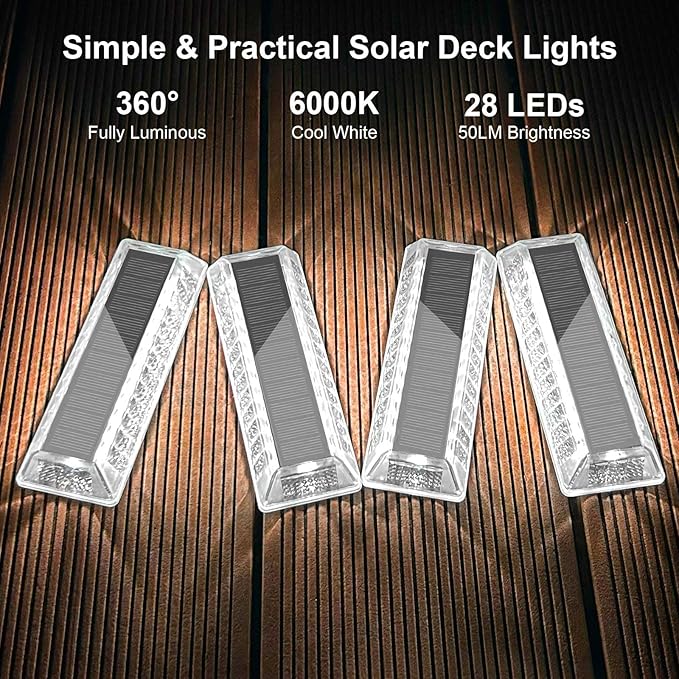 Lacasa Solar Deck Lights, Solar Lights Outdoor Waterproof IP68, 4 Pack Solar Powered Pathway Yard Driveway Step Landscape Light, LED Lighting 50LM for Garden Path Walkway Stair Patio, Cool White 6000K