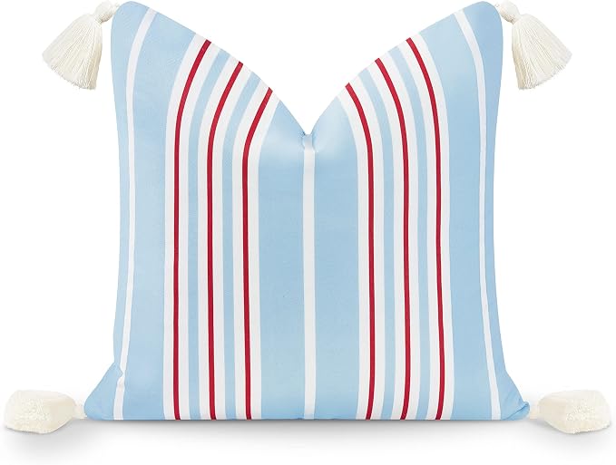 Hofdeco Premium Coastal Hampton Style Patio Indoor Outdoor Throw Pillow Cover Only, 18"x18" Water Resistant for Backyard, Couch, Baby Blue Red Stripe Tassel