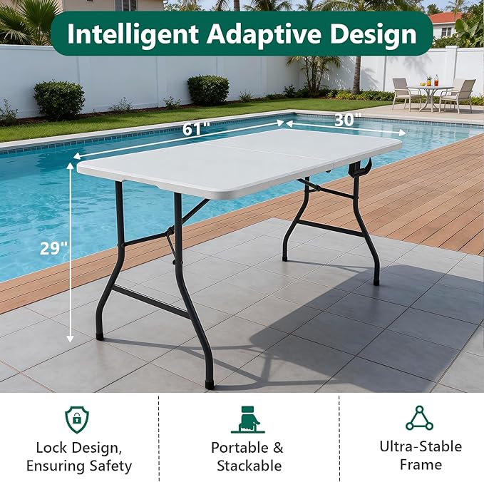 Folding Table, 5ft Portable Foldable Table Picnic Table with Carry Handle Plastic Table, White