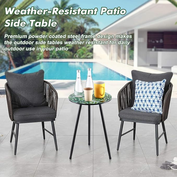 Metal Outdoor Side Tables Set of Two Small Outside Round End Table for Patio Modern Accent Garden Corner Table for Small Spaces, Balcony, Porch, Weather-Resistant, Plant Stand Indoor, Green Leaves