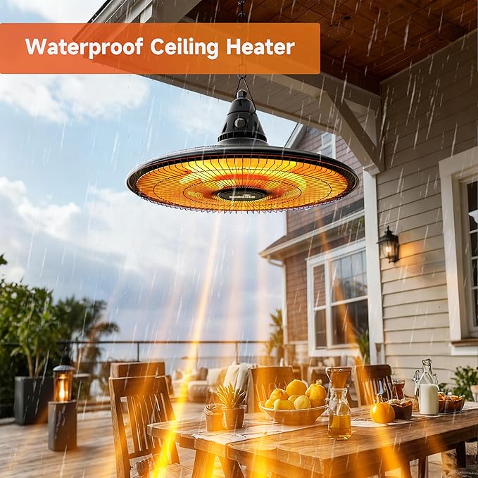 Hanging Heater, 1500W Outdoor Electric Patio Ceiling Heater with Remote Control, Infrared for Courtyard, Garage, Patio, Overheat & Tip-Over Protection, Waterproof, Black
