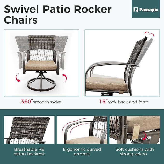 Pamapic 5-Piece Outdoor Dining Set with Swivel Chairs, Rattan Patio Furniture for Backyard, Deck, Garden, Weather-Resistant Iron Slats Table & 4 Chairs with Removable Cushions （Taupe）