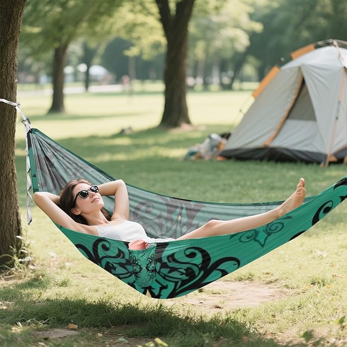 Teal Damask Outdoor Hammocks with Tree Straps Cloth Hammock for Camping Travel Accessories