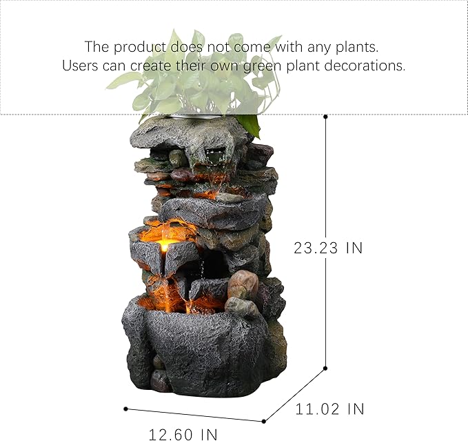 23" Tall Outdoor Water Fountain with Built-in Planter, 3-Tier Cascading Rock Waterfall with Warm LED Lights, Relaxing Zen Garden Fountain Decoration for Patio, Yard, Porch & Deck