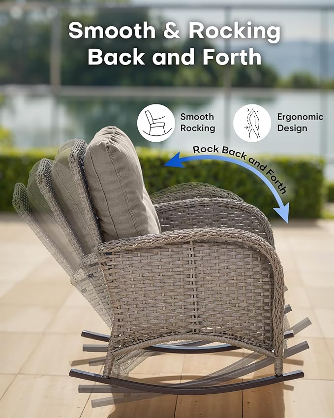Outdoor Rocking Chairs Set of 2-Patio Table and Chairs Set Outdoor Conversation Furniture Sets for Deck Porch Garden Balcony Poolside-Grey/Grey