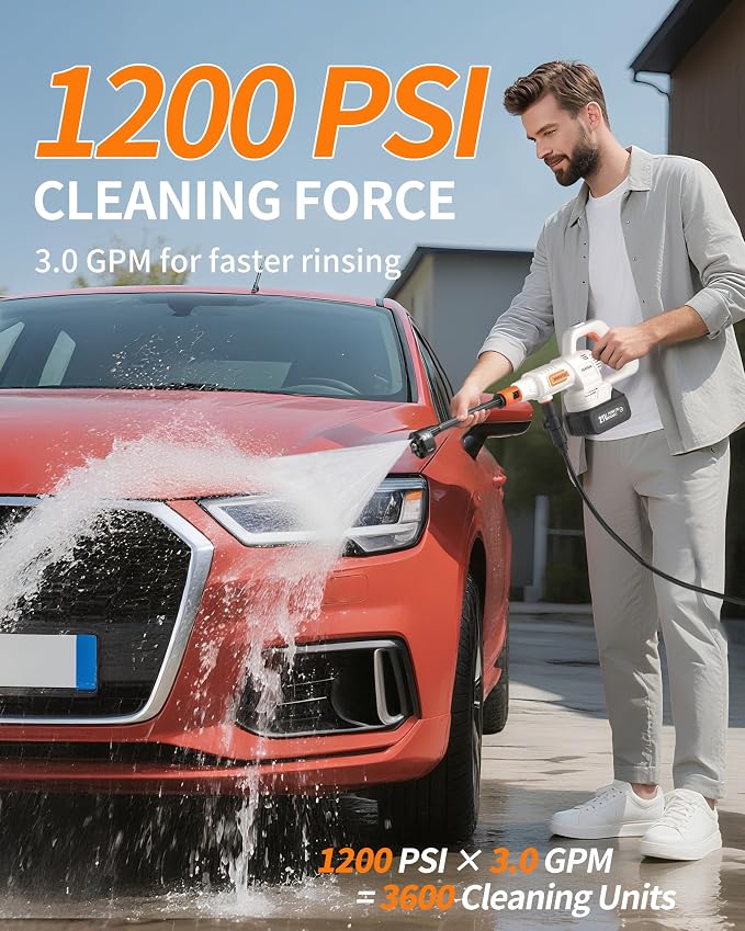 Cordless Portable Washer, 1200 PSI Battery Operated Washer with Brushless Motor, Battery, 23FT Elastic Hose, 3 Level Adjustable; Handheld Washer for Car, Home, Patio, Driveway (Frost White)