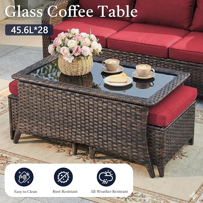 8 Piece High Back Wicker Patio Furniture Set - Patio Conversation Set with 4 Inch Thick Cushions and Deep Seating Swivel Glider Chairs Set of 4 & Outdoor Couch for Porch Deck Yard Pool