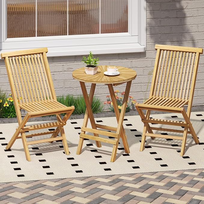 Tangkula Patio Folding Side Table, 23.5" Teak Wood Round End Table with Slatted Tabletop & X-Shaped Frame, Portable & Compact Bistro Table for Backyard, Poolside, Garden, Fully Assembled, Natural