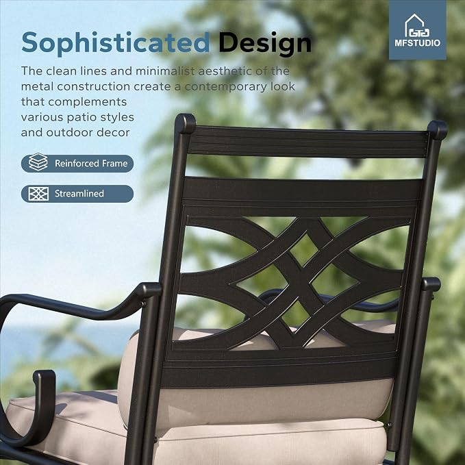 MFSTUDIO 9-Piece Patio Dining Set, 57.5" Square Metal Table, Fixed Chairs | Umbrella Hole, All-Weather Use