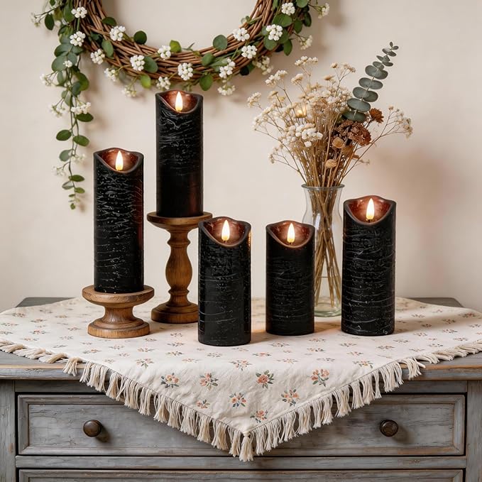Flickering Flameless LED Candles with 5 PCS (H5 5.5" 6" 7" 8"), Fake Battery Operated Pillar Candles - 3D, Remote and Timers, Real Wax Candles for Home/Wedding/Fireplace Xmas Decor (Black)