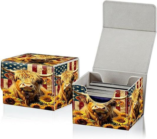 Card Deck Box for MTG, Cards Storage Box Fits 120+ Sleeved, Leather Small Size Strong Magnetic Closing Card Case for Board Games Magic TCG CCG Baseball Collection, Yellow Cow Sunflower