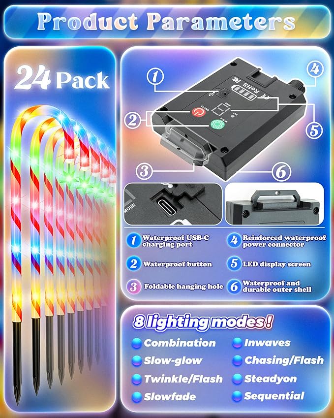 Anordsem Solar Christmas Decorations Outdoor: 21" Candy Cane Lights with Star 24 Pack - Waterproof LED 8 Colorful Lighting Models for Yard Pathway Xmas Decor - 2026 New Year Gifts for Homeowners