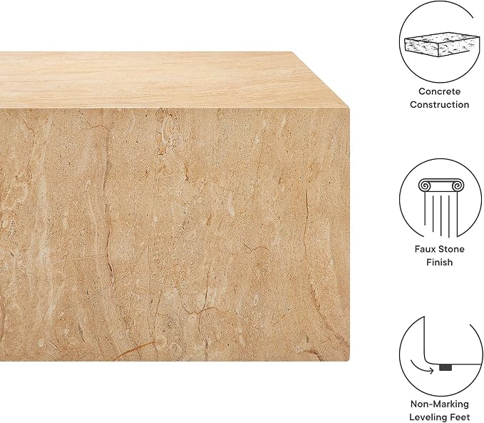 Modway Jordana 47 Inch Rectangle Concrete Coffee Table in Travertine – Plinth Coffee Table with Faux Stone Finish – Concrete Furniture Center Table for Living Room or Patio