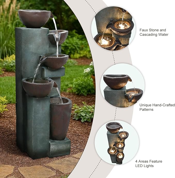Naturefalls 39.7" Tall Outdoor Water Fountain and Waterfalls - Large Garden Fountain with LED Lights, 5-Tier Cascading, Indoor and Outdoor Fountains for Garden, Patio, Deck, Porch, Backyard and Home