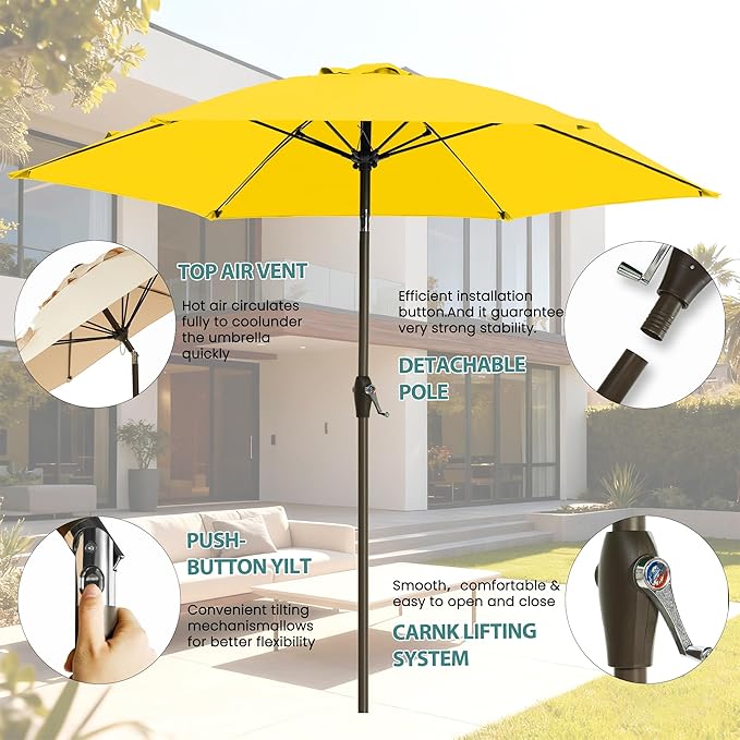 7.5FT Large Outdoor Patio Umbrella with Crank & Tilt - Durable Market Umbrella for Outdoor Patio with 6 Fiberglass Ribs for Poolside,Deck,Yard,Garden
