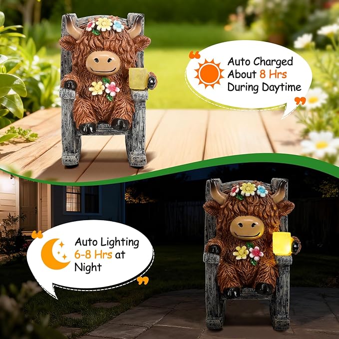 Tfro & Cile Miniature Solar Highland Cow Garden Statue Outdoor Light Decor Yard Ornament Unique Housewarming Gift for Lawn Patio Balcony