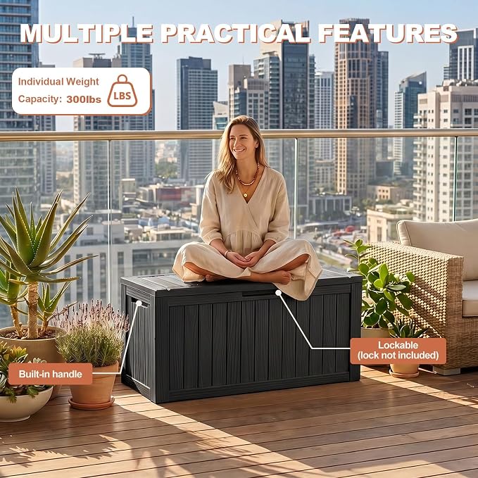 EFU Outdoor Storage Box 140 Gallon Deck Box (Indoor & Outdoor) Lockable UV Resistance Waterproof Resin Storage Bin Storage Box for Outdoor,Patio Storage With Support Rod(Black)