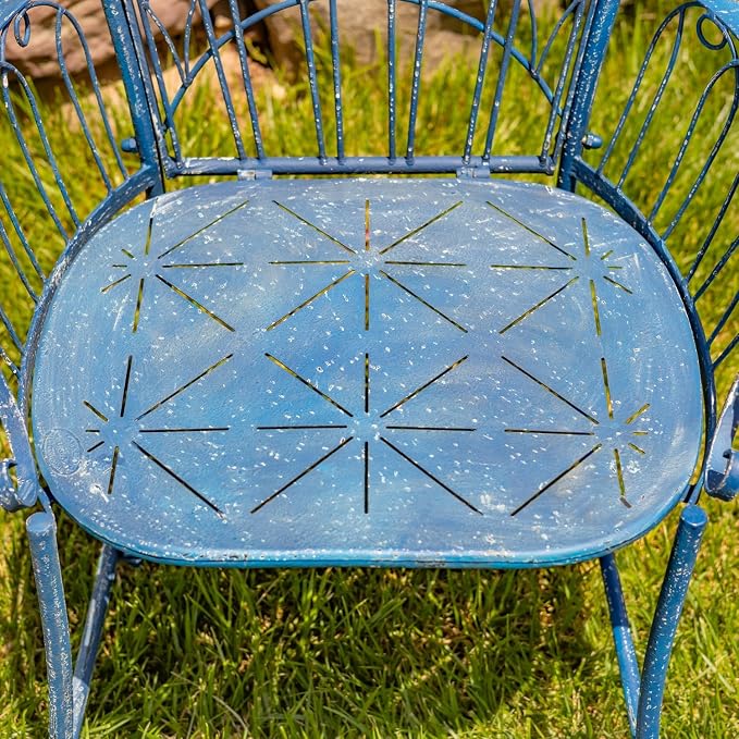 Zaer Ltd. Vintage Style Metal Patio Furniture with Heart Design Accents, Outdoor/Indoor Decor (Vintage Blue, Arm Chair)