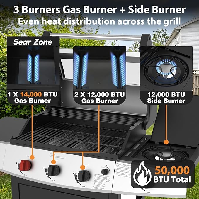 4 Burners Propane Gas Outdoor Grill 50000 BTU, 553 Sq.in, Side Burner, Porcelain-Enameled Grates, Stainless Steel Propane Grill Outdoor Cooking, Patio Garden Family Barbecues Party (4 Burners)