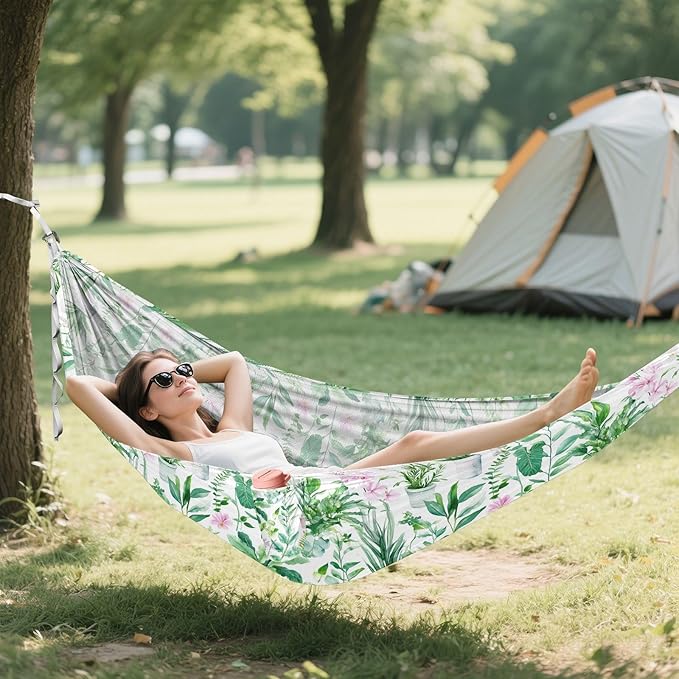 Camping Hammock Outdoor Hammocks for Outside Green Plants Watercolor Beach Trees Portable Lightweight with Pockets Tree Straps Indoor