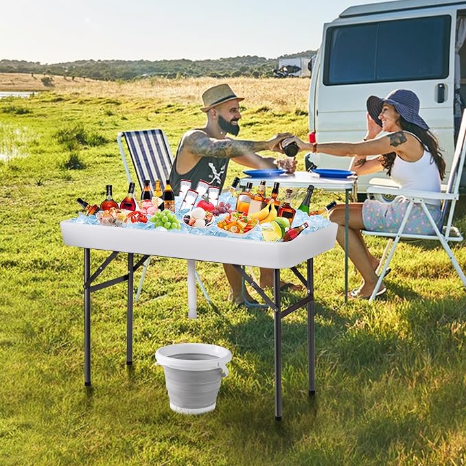 S AFSTAR 4 Foot Ice Cooler, Outdoor Buffet Cold Food Keeper w/Matching Skirt & Drain Plug, Portable Tailgate Camp Fishing Cleaning Table, Ice Bin Folding Chill Table for Party, Picnic, BBQ