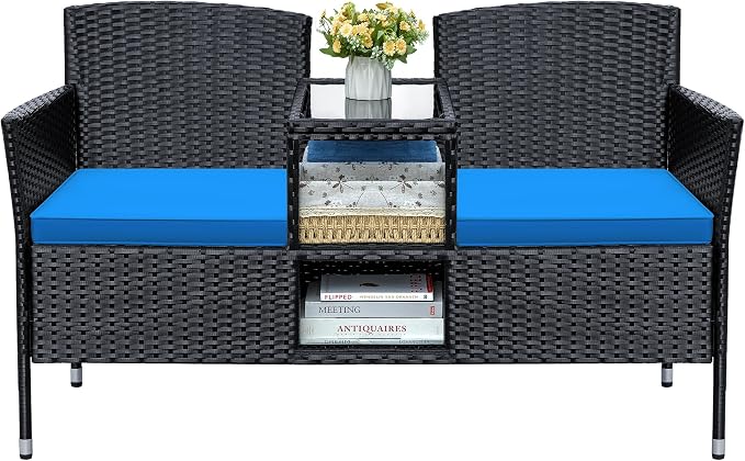 Greesum Patio Loveseat Outdoor Wicker Furniture Conversation Set with Soft Cushions & Built-in Coffee Table for Lawn Garden Backyard, Blue