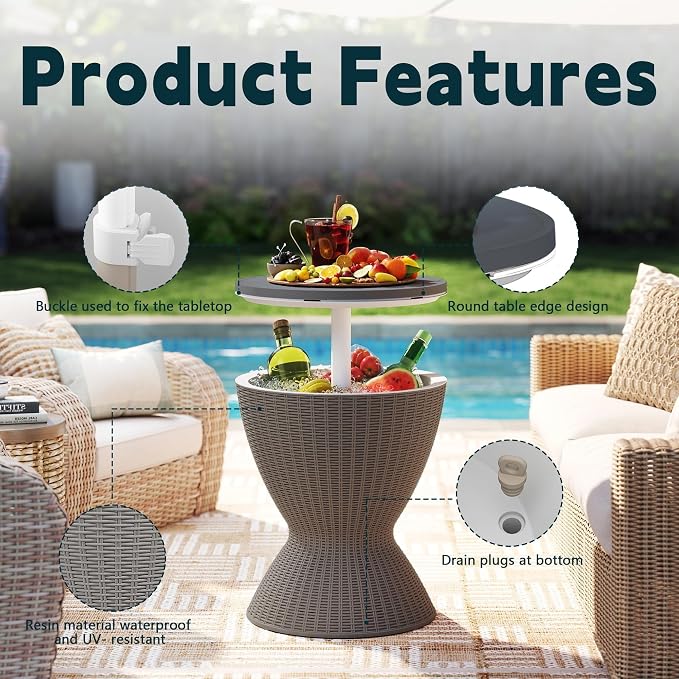 ROJIK 3-in-1 Resin Ice Bucket & Beverage Cooler – Wood Look Patio Table, UV Protection & Drain Plug for Outdoor Parties, Bars, and Poolside Use