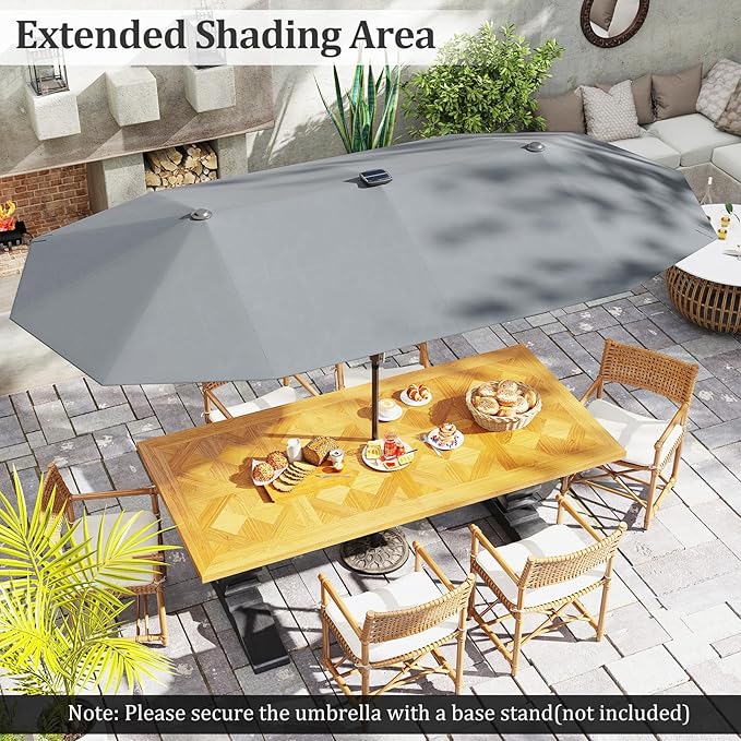 HAPPYGRILL 13 FT Double-sided Patio Umbrella with Solar Lights, Crank Handle & 12 Heavy-Duty Ribs, Outdoor Twin Size Oversized Rectangle Market Umbrella for Garden Deck Poolside