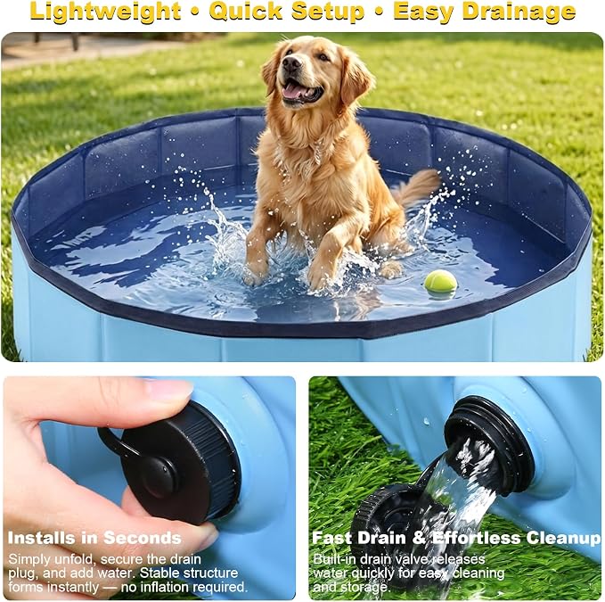 Eooqi Foldable Dog Pool, Collapsible Pet Bath Tub & Kiddie Wading Pool, Portable Hard-Side Dog Swimming Pool for Puppies, Small & Medium Dogs, Cats and Kids (Blue, 39.5"-M)