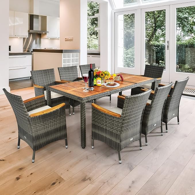 Patio Dining Set Outdoor Dining Set, 9 Pieces Wicker Patio Furniture Set with Acacia Wood Table and Chairs, Garden Dining Table Set for Backyard, Desk, Poolside, Christmas(Grey)