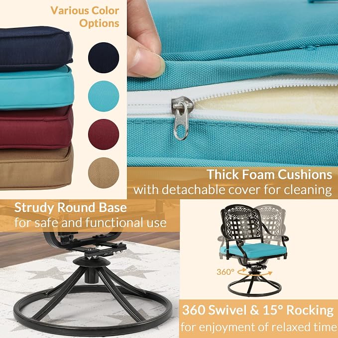 9 Piece Outdoor Patio Dining Set for 8, Cast Aluminium Large Square Dining Table & 8 Swivel Rocker Chairs with Removable Cushions, Umbrella Hole, Patio Furniture Set for Garden, Ocean Blue