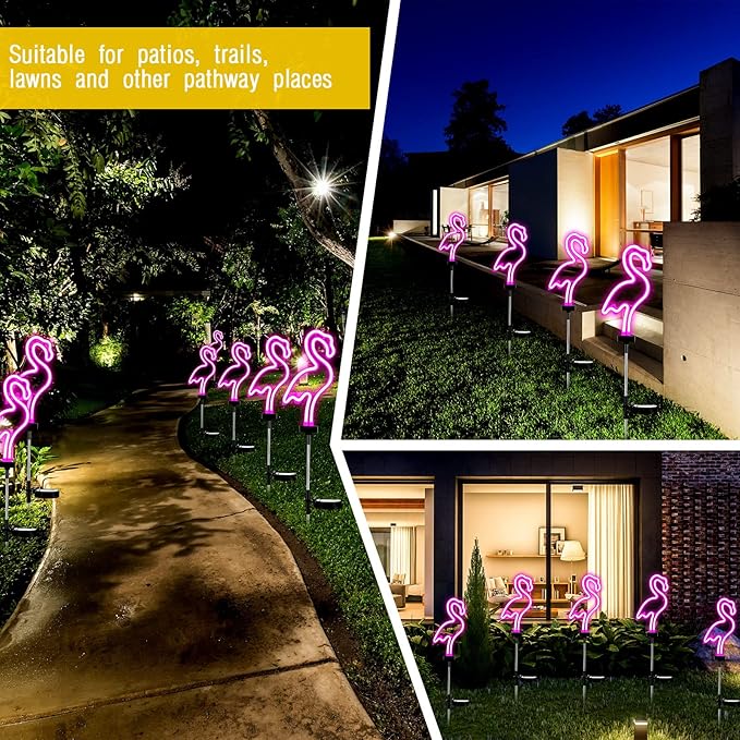 Flamingo Solar Lights Outdoor Neon Light Yard Pink Flamingo Waterproof Decorations for Garden Patio Yard Pathway Decoration(4 Pack)