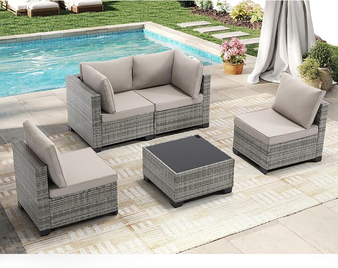 CANMOV 5 Pieces Patio Furniture Sets, All Weather Outdoor Patio Conversation Set, PE Wicker Rattan Sectional Sofa Couch Glass Coffee Table Washable Cushions for Backyard Garden, Poolside, Khaki