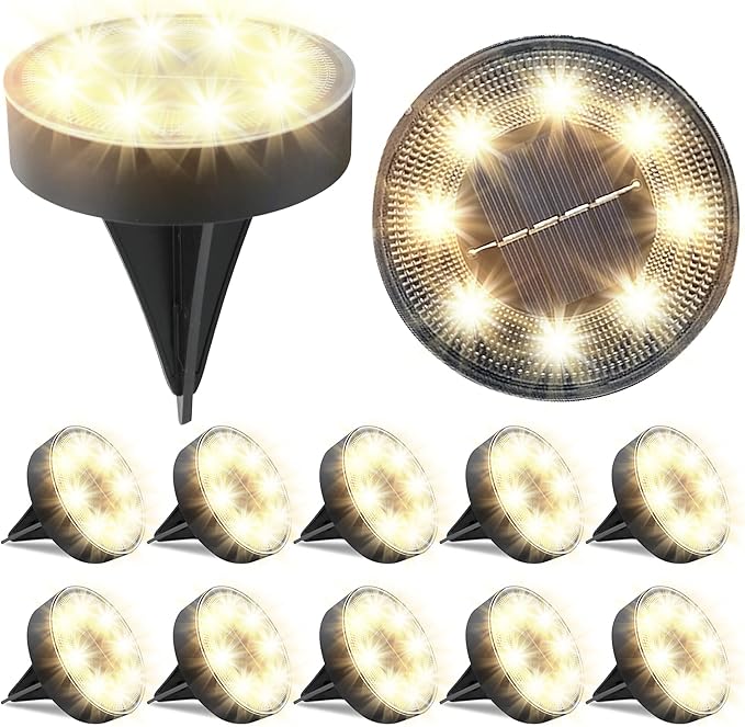 Siatom Solar Ground Lights 12 Pack, IP68 Waterproof Solar In-Ground Light for Outdoor, Flat Landscape Lighting, Garden Disc Light for Pathway, Walkway, and Yard - 12 Pcs (Warm White)