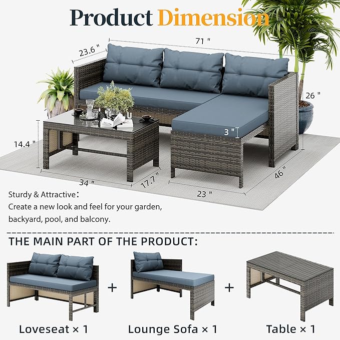 SUNLEI 3-Piece Wicker Patio Conversation Furniture Set, Patio Corner Sofa with Outdoor PE Rattan, Includes Loveseat Sofa Sectional, White Couch and Coffee Table(Silver Rattan/Ashy Blue, 3 PCS Sofa)