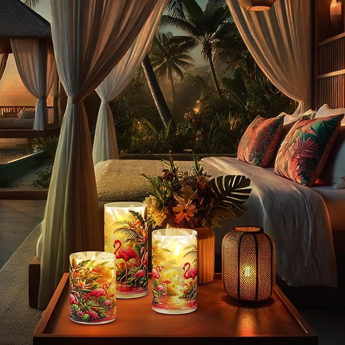 Tujoe 3 Pcs Summer Flamingo Flameless Candles LED Battery Pillar Candles Set Battery Operated Flickering Gifts with Remote Summer Decor for Holiday Decoration
