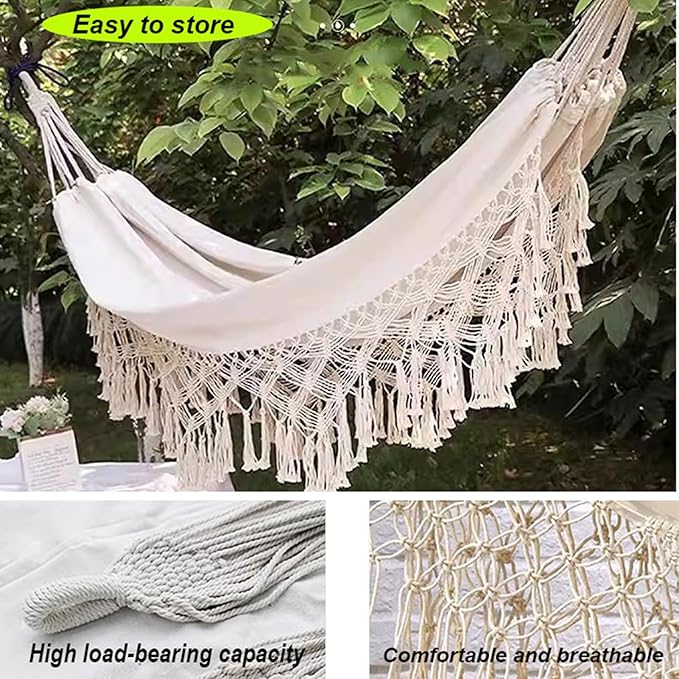 Camping Hammock with Tassels, Portable Canvas Double Hammock with Tree Straps, 108x59in Heavy Duty 330 lbs for Backyard Outdoor Beach Patio White