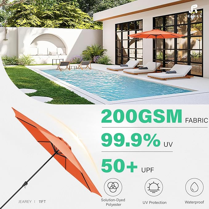 JEAREY 11' Patio Umbrellas Outdoor Table Market Umbrella w/Crank, 8 Sturdy Ribs, UV Protection Windproof for Garden, Deck, Backyard, Pool(Orange)