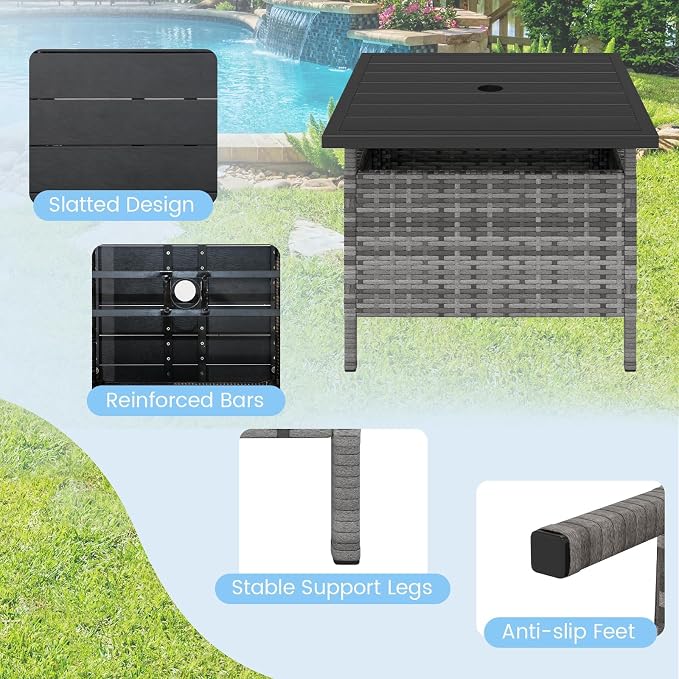 HAPPYGRILL Patio Umbrella Table Stand, Rattan Outdoor Side Table with Umbrella Hole, PE Wicker Frame, for Patio Garden Deck Poolside