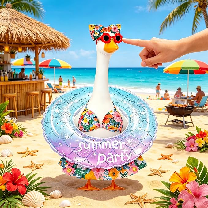 Porch Goose Summer Outfit, 23 Inch Hawaiian Bikini Costume, Accessories Include Bow, Sunglasses & Swim Ring, Fits Cement Goose Statue for Garden Patio Yard Outdoor Decor (Tropical Floral)