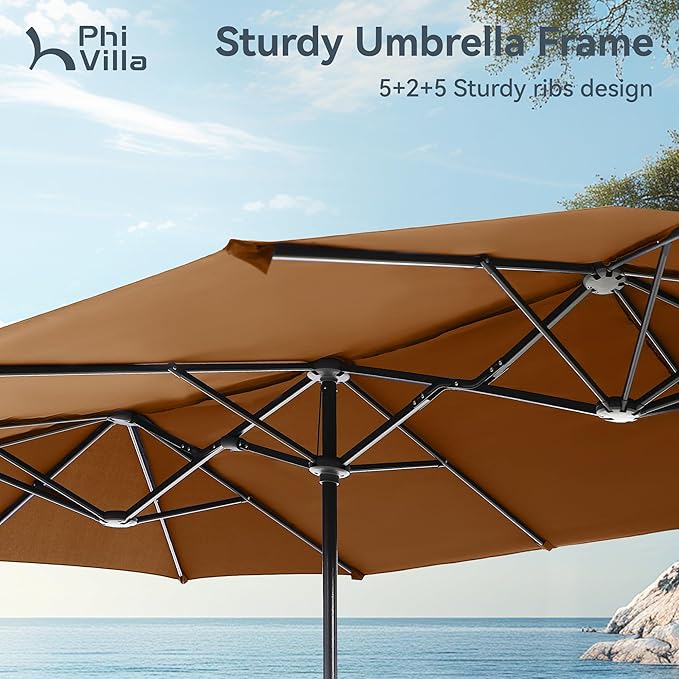 PHI VILLA 13ft Large Patio Umbrellas, Double-Sided Outdoor Market Rectangle Umbrella for Outside, Tawny
