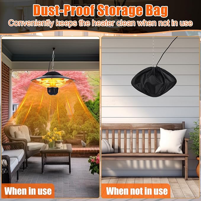 Glooglitter 1500w Ceiling Mounted Outdoor Heaters Electric Hanging Infrared Patio Heater with Remote Control, Dust Cover and Adjustable Chain, 3 Adjustable Modes for Garage, Gazebo, Balcony, Courtyard