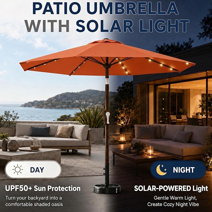 10FT Solar Patio Umbrella with Lights, Outdoor Table Market Umbrella with 32 LED Lights, 8 Sturdy Ribs, Push Button Tilt and Crank for Pool, Deck and Garden, UV-Resistant