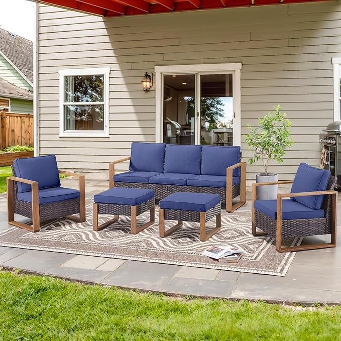 Belord 5 Piece Outdoor Wicker Patio Conversation Furniture Set Deep Seating, Metal Wide Armrests Patio Sofa Set with Rattan Chairs Ottomans for Porch Deck Sunroom Backyard
