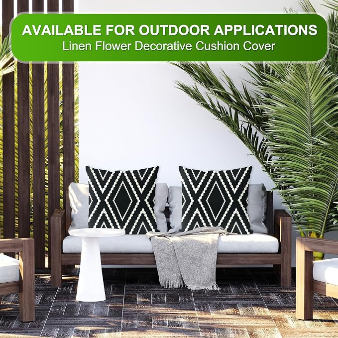 M METERXITY 2-Pack Outdoor Waterproof Throw Pillow Cover, 20x20 Inch Linen Boho Geometric Decorative Cushion Cover for Patio/Balcony, Water Resistant Pillow Case [Black with White Stripe]