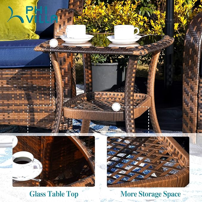 PHI VILLA 4 Piece Outdoor Swivel Rocker Chairs Patio Furniture Set with Gas Fire Pit Table Square, Wicker Patio Conversation Fire Pit Table Set for Garden, Deck, Porch, Backyard (Navy Blue)