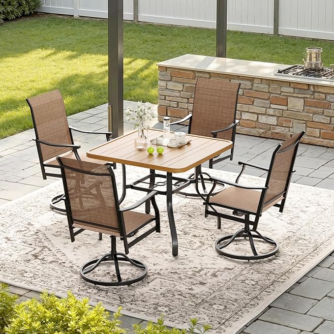 Soohow Patio Dining Set for 4, 5-Piece Outdoor Dining Set 4 x Swivel Patio Chairs and 35"x35" Outdoor Dining Table with 1.57" Umbrella Hole, Wood-Like, for Poolside, Backyard