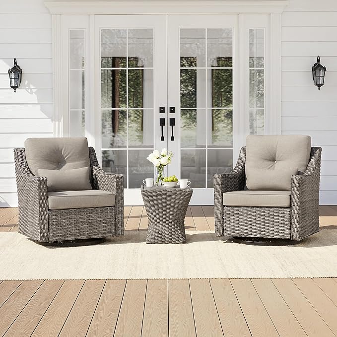 CHITA 3 Pieces Wicker Patio Bistro Set, Outdoor Furniture Set with 2 Pieces Rattan Rocking Swivel Chairs, Thickened Cushions and Side Table
